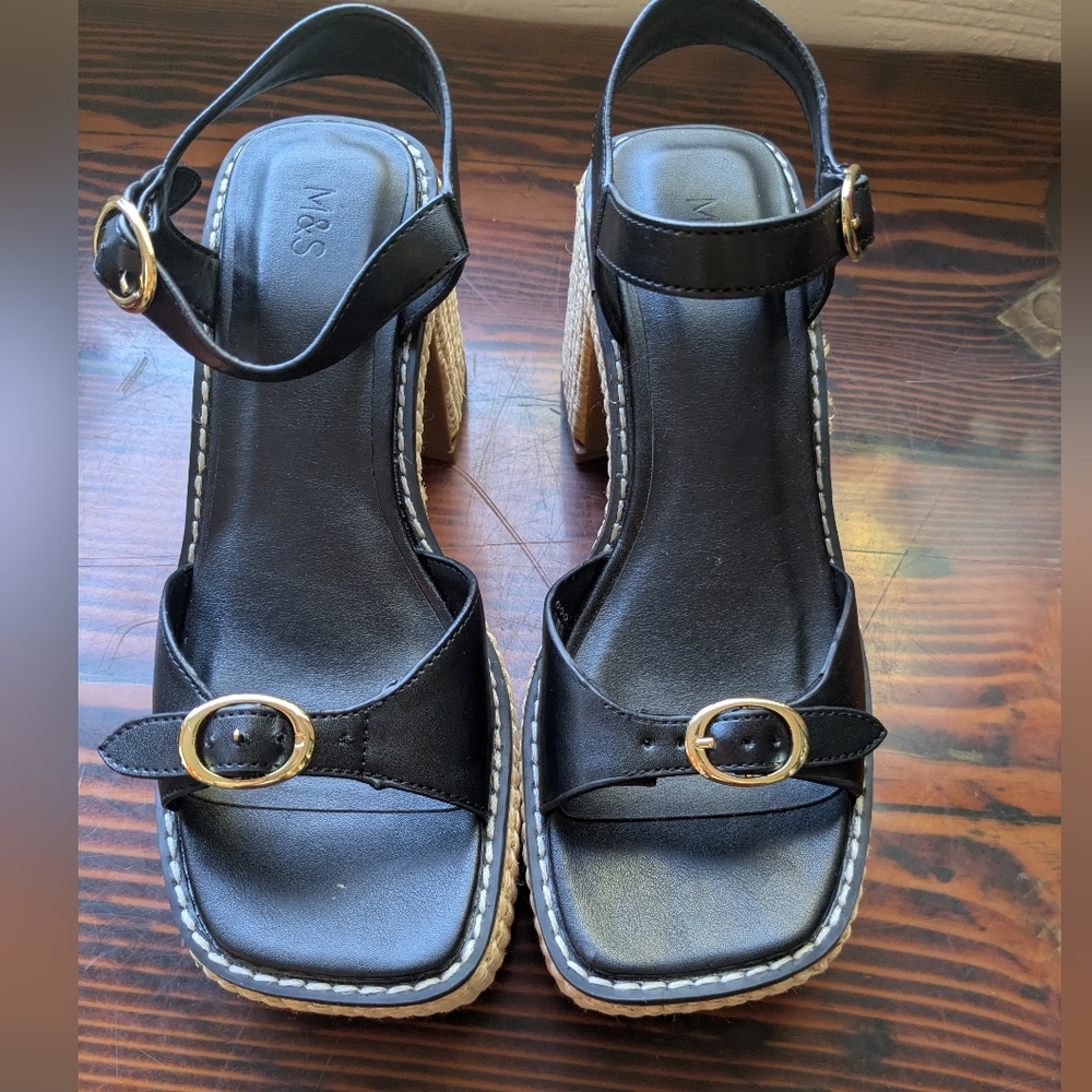 M&S Black Leather Espadrille Block Heel Sandals